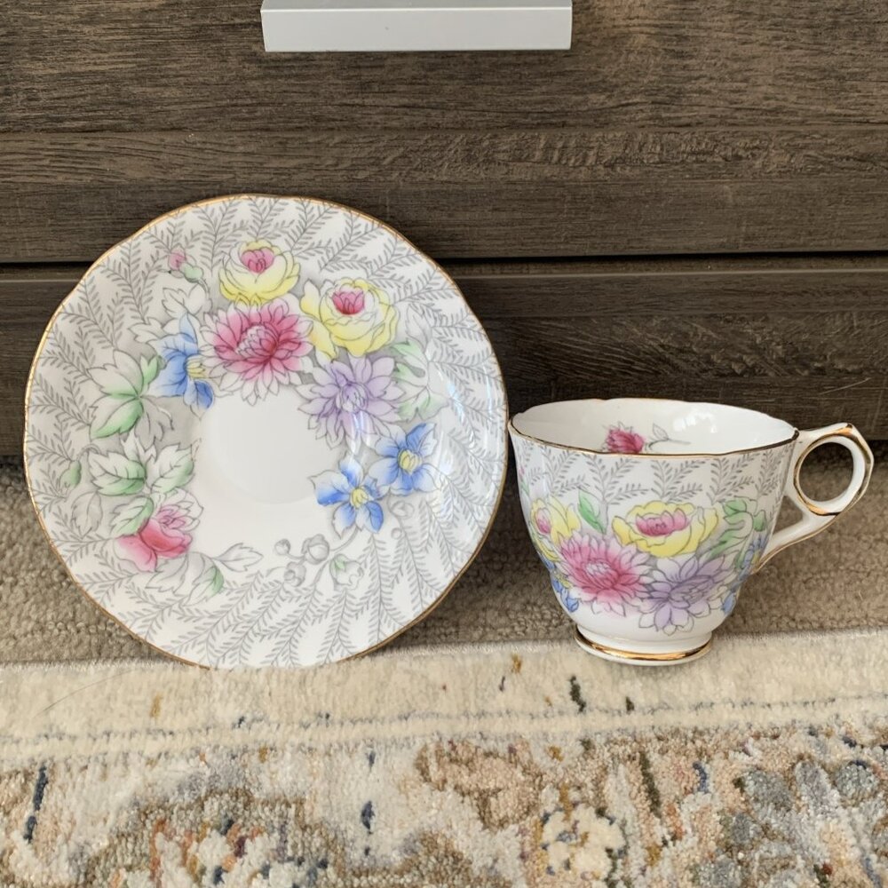 Royal Stafford Fern Posy Teacup Saucer Figural Flower Handle Vintage